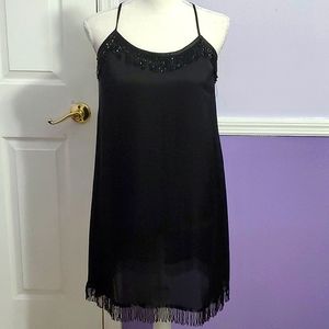 Charlotte Russe Black Beaded Fringed Evening Party Satin Slip Mini Dress M